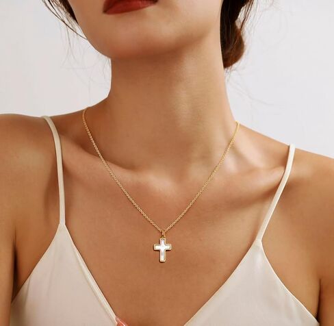 Natural White Shell Cross Pendant Necklace For Women O-Link Chain Titanium Steel Plated with 18K Gold Color Gloss Elegant & Unique in Saudi Arabia