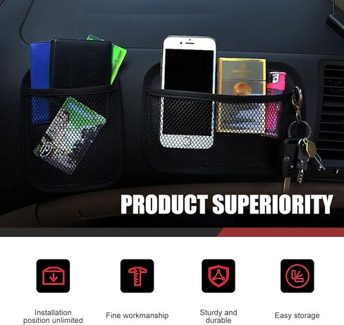 2PCS Car Organizer Net Pocket, Multifunctional Internal Adhesive Storage Bag for Phones Sunglasses ID Cards, Thickened Oxford Side Pocket with Comfortable Cotton, for Most Cars (Black) in Saudi Arabia