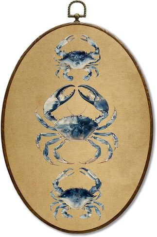 JQF الشاطئ الساحلي الأزرق السلطعون البيضاوي جدار ديكور، المحيط Beachy Crab البيضاوي قماش جدار الفن، المحيط البحرية الساحلية الشاطئية مؤطرة يطبع ديكور معلق لغرفة النوم المنزلية غرفة المعيشة، 8.5x11.5 بوصة in Kuwait