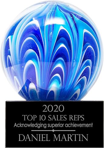 Personalized 5" Two Tone Blue and White Sphere Art Glass Award, Custom Engraved Colorful Decorative Award Statue for Employee Appreciation, Recognition, Retirement in Kuwait