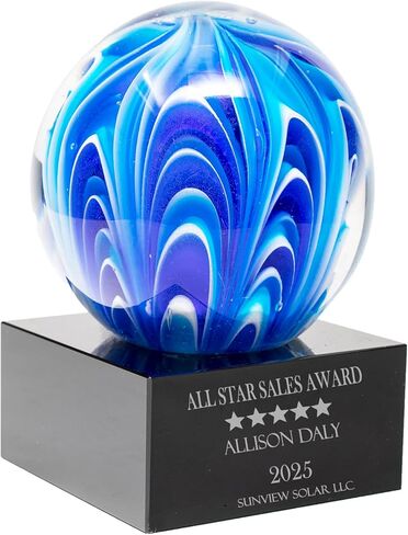 Personalized 5" Two Tone Blue and White Sphere Art Glass Award, Custom Engraved Colorful Decorative Award Statue for Employee Appreciation, Recognition, Retirement in Kuwait