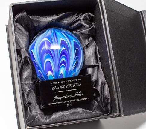 Personalized 5" Two Tone Blue and White Sphere Art Glass Award, Custom Engraved Colorful Decorative Award Statue for Employee Appreciation, Recognition, Retirement in Kuwait