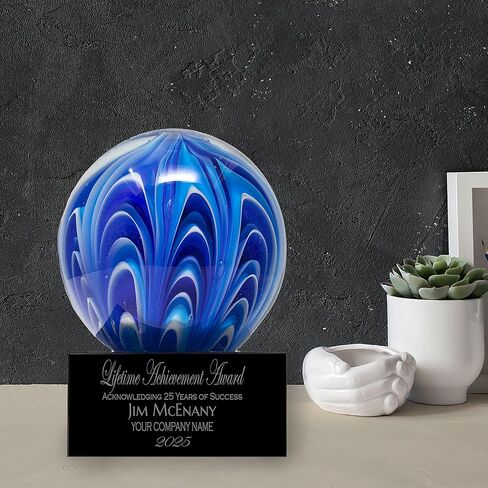 Personalized 5" Two Tone Blue and White Sphere Art Glass Award, Custom Engraved Colorful Decorative Award Statue for Employee Appreciation, Recognition, Retirement in Kuwait