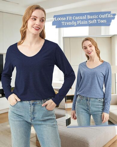 3 Pack Women's T-Shirts V Neck Long Sleeve Tops Loose Fit Casual Basic Outfits Trendy Plain Soft Tees in Saudi Arabia
