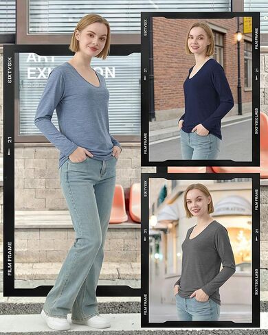 3 Pack Women's T-Shirts V Neck Long Sleeve Tops Loose Fit Casual Basic Outfits Trendy Plain Soft Tees in Saudi Arabia