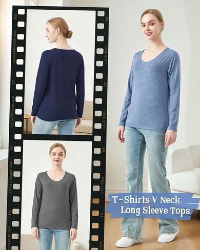 3 Pack Women's T-Shirts V Neck Long Sleeve Tops Loose Fit Casual Basic Outfits Trendy Plain Soft Tees in Saudi Arabia