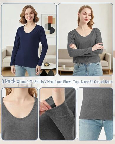 3 Pack Women's T-Shirts V Neck Long Sleeve Tops Loose Fit Casual Basic Outfits Trendy Plain Soft Tees in Saudi Arabia