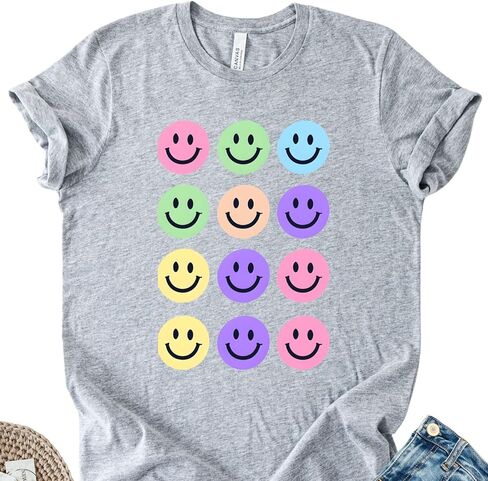 Happy Face Pastel Shirt, Smiley Graphic Tee for Women, 90s Retro Colorful Cute T-Shirt, Trendy Positive Aesthetic Gift Idea in Saudi Arabia