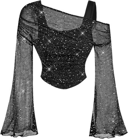 OYOANGLE Women's Sequin Mesh Long Bell Sleeve 2 in 1 Mesh Top Asymmetrical Neck Fitted Party Crop Tops in Saudi Arabia