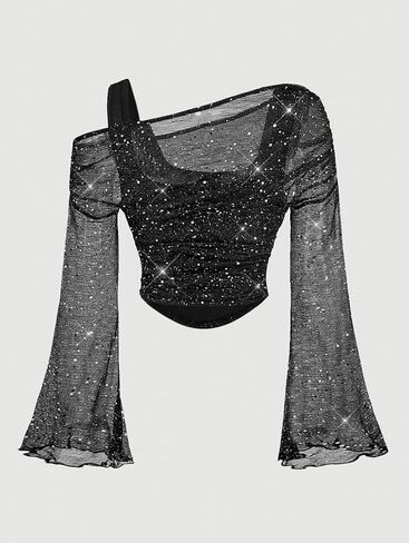 OYOANGLE Women's Sequin Mesh Long Bell Sleeve 2 in 1 Mesh Top Asymmetrical Neck Fitted Party Crop Tops in Saudi Arabia
