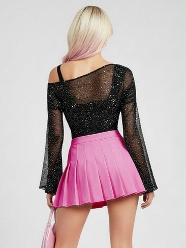 OYOANGLE Women's Sequin Mesh Long Bell Sleeve 2 in 1 Mesh Top Asymmetrical Neck Fitted Party Crop Tops in Saudi Arabia
