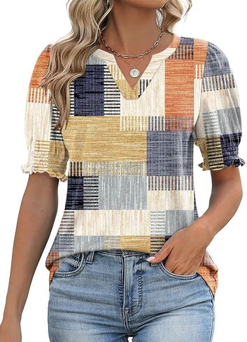 Rapbin Women's Puff Short Sleeve T Shirts V Neck Summer Tops Casual Fashion Blouses in Kuwait