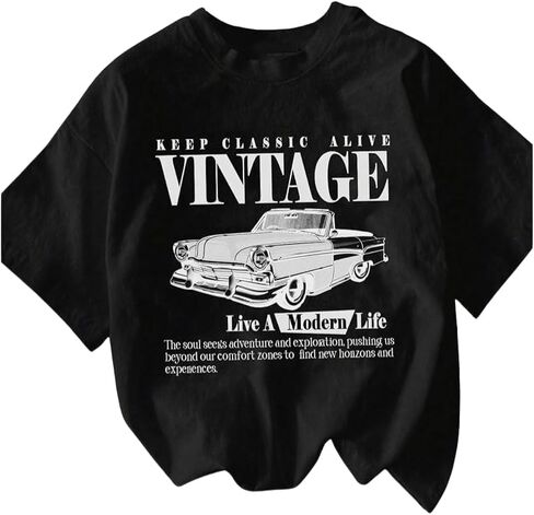 QJQ Women's Letter Graphic Tshirts Cherry Car Short Sleeve Crewneck Tees Casual Summer Trendy Vintage Drop Shoulder Tops in Kuwait