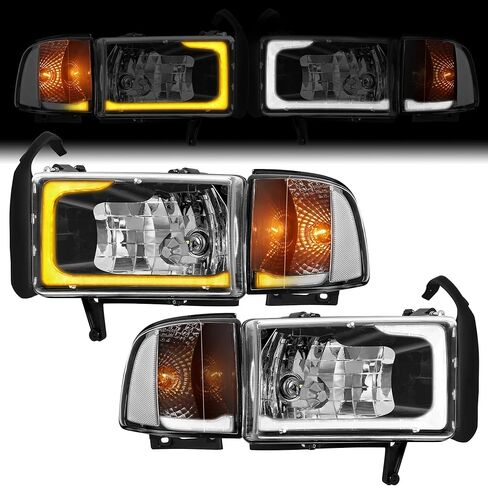 Teplo 300% Brighter W/Led Bulbs LED Sequential DRL Headlights Assembly Replacement for 1994-2001 Dodge Ram 1500/94-02 Dodge Ram Pickup 2500 3500 (Black Housing Clear Relfector-MT, LED Sequential DRL) in Kuwait