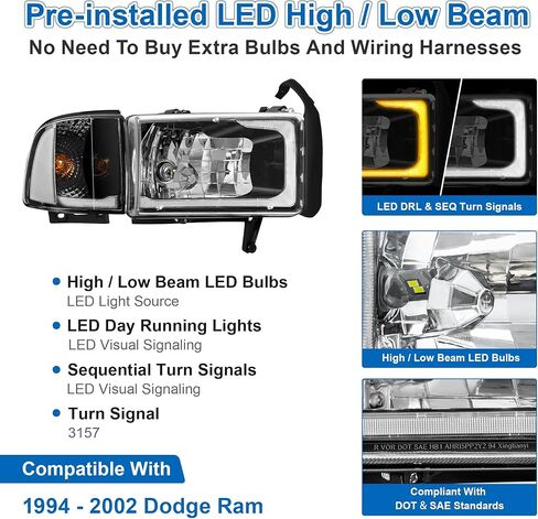 Teplo 300% Brighter W/Led Bulbs LED Sequential DRL Headlights Assembly Replacement for 1994-2001 Dodge Ram 1500/94-02 Dodge Ram Pickup 2500 3500 (Black Housing Clear Relfector-MT, LED Sequential DRL) in Saudi Arabia