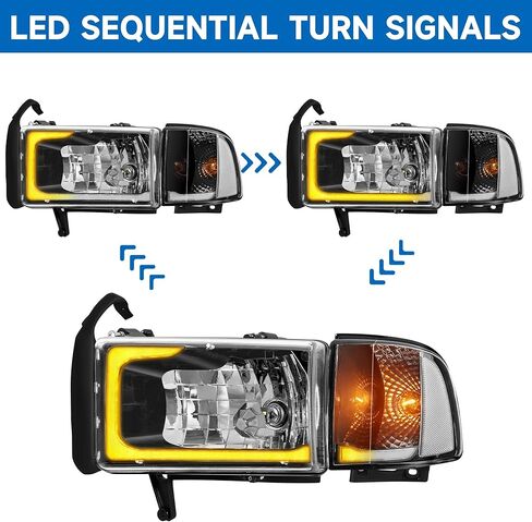 Teplo 300% Brighter W/Led Bulbs LED Sequential DRL Headlights Assembly Replacement for 1994-2001 Dodge Ram 1500/94-02 Dodge Ram Pickup 2500 3500 (Black Housing Clear Relfector-MT, LED Sequential DRL) in Saudi Arabia