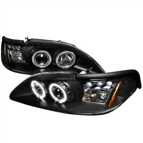 Spec-D Tuning LED Halo Smoke Projector Headlights Glossy Black Compatible with 1994-1998 Ford Mustang Left + Right Pair Headlamps Assembly in Saudi Arabia