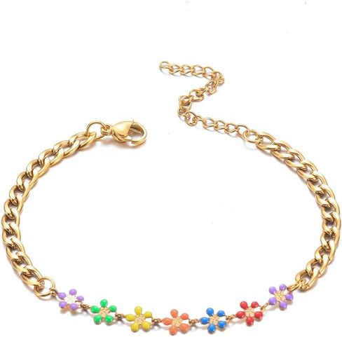 Daisy Charm Bracelet Dainty 18k Gold-Tone Plated Stainless Steel Link Chain Colorful Flower Bracelet Adjustable Enamel Promise Engagement Valentines Day Anniversary Jewelry Gift Birthday Xmas Girlfriend in Saudi Arabia