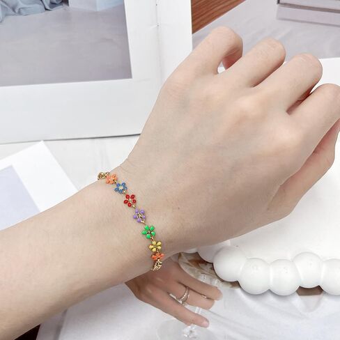 Daisy Charm Bracelet Dainty 18k Gold-Tone Plated Stainless Steel Link Chain Colorful Flower Bracelet Adjustable Enamel Promise Engagement Valentines Day Anniversary Jewelry Gift Birthday Xmas Girlfriend in Saudi Arabia