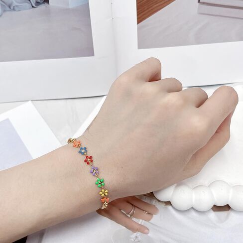 Daisy Charm Bracelet Dainty 18k Gold-Tone Plated Stainless Steel Link Chain Colorful Flower Bracelet Adjustable Enamel Promise Engagement Valentines Day Anniversary Jewelry Gift Birthday Xmas Girlfriend in Saudi Arabia