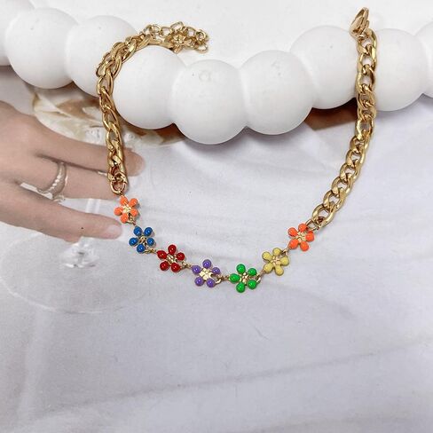 Daisy Charm Bracelet Dainty 18k Gold-Tone Plated Stainless Steel Link Chain Colorful Flower Bracelet Adjustable Enamel Promise Engagement Valentines Day Anniversary Jewelry Gift Birthday Xmas Girlfriend in Saudi Arabia