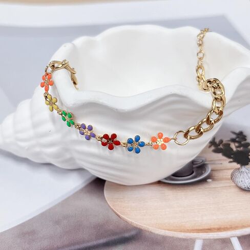 Daisy Charm Bracelet Dainty 18k Gold-Tone Plated Stainless Steel Link Chain Colorful Flower Bracelet Adjustable Enamel Promise Engagement Valentines Day Anniversary Jewelry Gift Birthday Xmas Girlfriend in Saudi Arabia