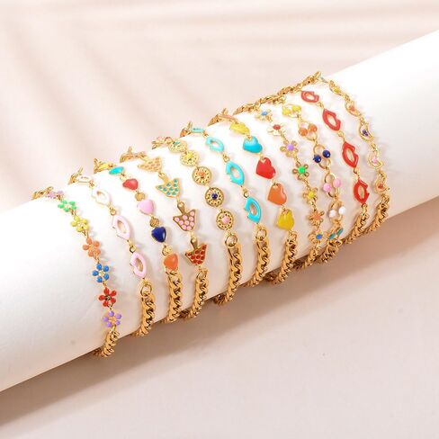 Daisy Charm Bracelet Dainty 18k Gold-Tone Plated Stainless Steel Link Chain Colorful Flower Bracelet Adjustable Enamel Promise Engagement Valentines Day Anniversary Jewelry Gift Birthday Xmas Girlfriend in Saudi Arabia