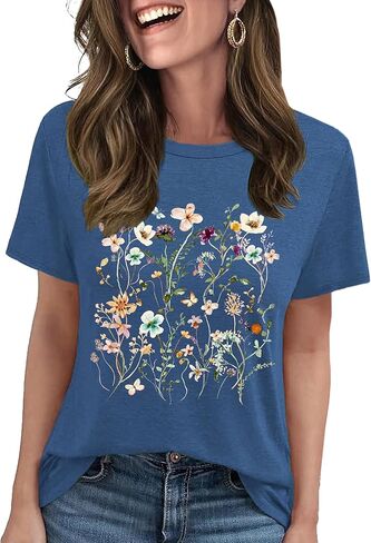 LETSEE Graphic Tees for Women Short Sleeve Loose Fit Casual T Shirts Cute Boho Vintage Dressy Trendy Summer Tops in Saudi Arabia