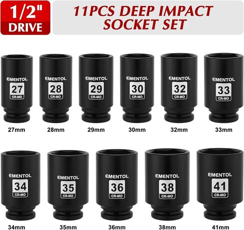 EMENTOL 11PCS 1/2-Inch Drive Spindle Axle Nut Impact Socket Set, CR-MO, 6 Point, Metric, 1/2" Dr. Deep Impact Socket Set, 27mm - 41mm in Kuwait