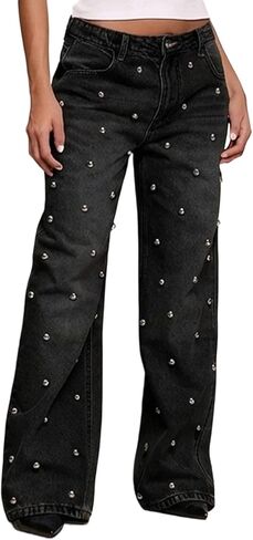 Unybwonn Women Straight Leg Jeans Rhinestone High Waisted Wide Leg Pearl Denim Pants Bling Glitter Studded Y2k Trousers in Kuwait