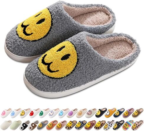 Women's Men's Retro Preppy Happy Face Slippers Comfy Warm Plush Slip-On House Slipper for Winter Indoor Soft Cushion Non-slip Fluffy Slides Slippers in Kuwait
