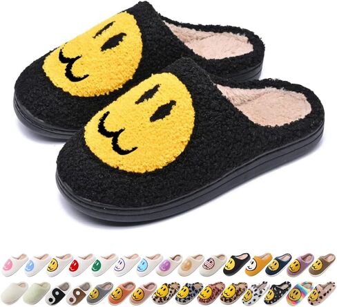 Women's Men's Preppy Happy Face Slippers Comfy Warm Plush Slip-On House Slipper for Winter Indoor Soft Cushion Non-slip Fluffy Slides Slippers in Saudi Arabia