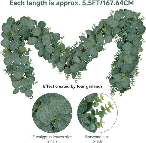 Vlorart 2 Pack Artificial Eucalyptus Garland, 5.5ft Faux Boxwood Eucalyptus Leaves Greenery Garland, Artificial Hanging Vines for Wedding Backdrop Arch Table Wall Home Party Decor in Kuwait