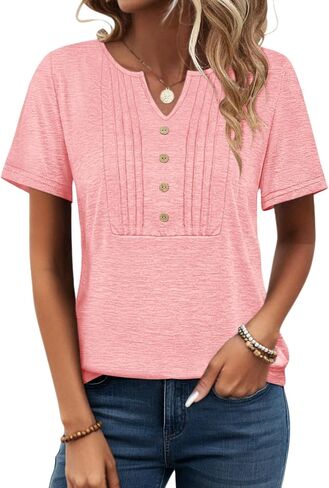 قمصان PGANDS النسائية بأكمام قصيرة ورقبة على شكل حرف V وأزرار سفلية للصيف in Kuwait