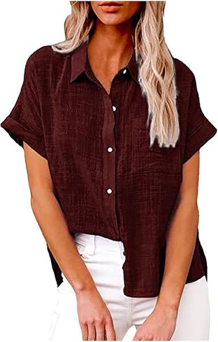 بلايز الصيف للنساء 2026 العصرية عادية كم قصير القطن الكتان زر أسفل قميص فضفاض الربيع البلوزات الملابس in Kuwait