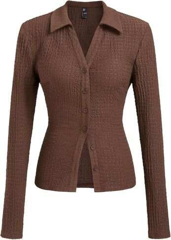 CIDER Women's Long Sleeve Tie Back Button Down Blouse Slim Fit V Neck Textured Top Casual Fall Outfit in Saudi Arabia