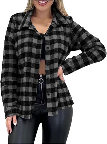 Womens Button Down Flannel Shirts Long Sleeve Plaid Shackets Business Casual Blouse Top Fall Clothes Fashion Outfits in Saudi Arabia