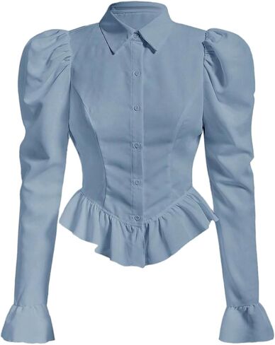 Floerns Women's Flare Long Sleeve Shirts Button Down Asymmetrical Ruffle Hem Blouse Top in Saudi Arabia