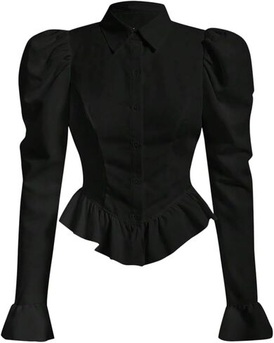 Floerns Women's Flare Long Sleeve Shirts Button Down Asymmetrical Ruffle Hem Blouse Top in Saudi Arabia