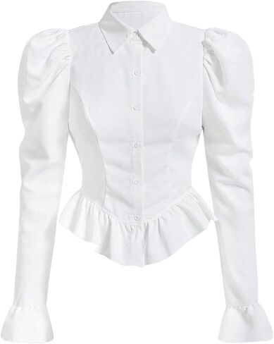 Floerns Women's Flare Long Sleeve Shirts Button Down Asymmetrical Ruffle Hem Blouse Top in Saudi Arabia