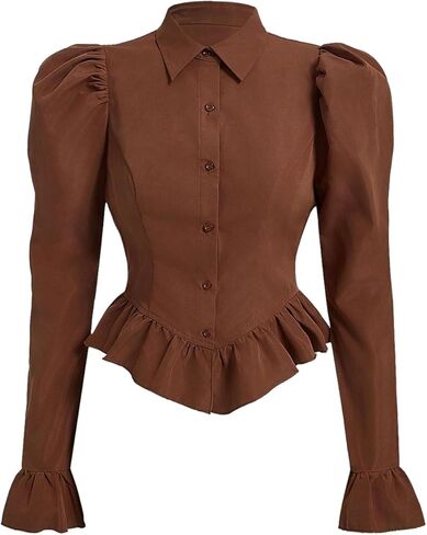 Floerns Women's Flare Long Sleeve Shirts Button Down Asymmetrical Ruffle Hem Blouse Top in Saudi Arabia