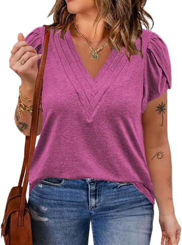 VISLILY Womens-Plus-Size-Summer-Tops Casual Petal Short Sleeve T Shirts Trendy V Neck Blouses Flowy Dressy Tunics XL-5XL in Saudi Arabia