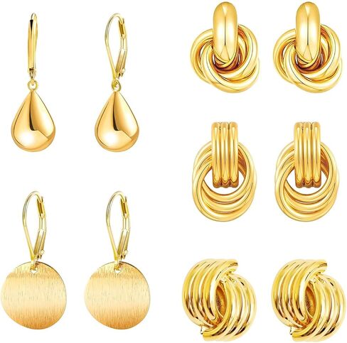 طقم من 5 أزواج من الأقراط الذهبية عيار 18 قيراط أقراط مطلية بالذهب للنساء أقراط متدلية أقراط ذهبية خفيفة الوزن هدايا مجوهرات in Kuwait