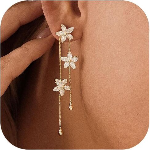 Flower Dangle Earrings for Women Trendy 14k Gold Plated Flower Drop EarringBridal Earrings for Wedding Cubic Zirconia Long Chain Earring Gold Jewelry Gifts For Her in Saudi Arabia