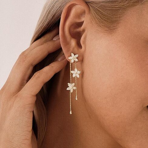 Flower Dangle Earrings for Women Trendy 14k Gold Plated Flower Drop EarringBridal Earrings for Wedding Cubic Zirconia Long Chain Earring Gold Jewelry Gifts For Her in Saudi Arabia