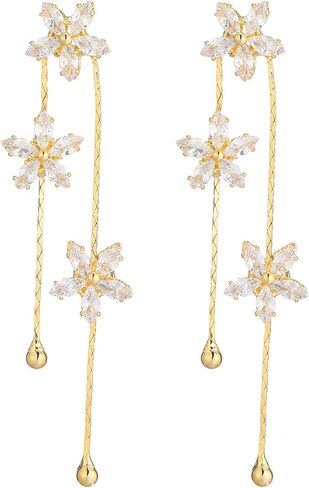 Flower Dangle Earrings for Women Trendy 14k Gold Plated Flower Drop EarringBridal Earrings for Wedding Cubic Zirconia Long Chain Earring Gold Jewelry Gifts For Her in Saudi Arabia