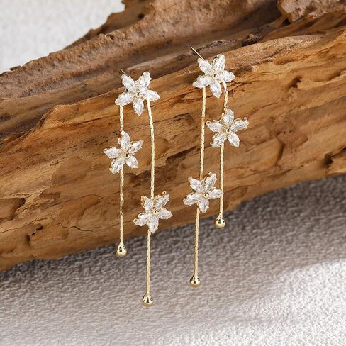 Flower Dangle Earrings for Women Trendy 14k Gold Plated Flower Drop EarringBridal Earrings for Wedding Cubic Zirconia Long Chain Earring Gold Jewelry Gifts For Her in Saudi Arabia