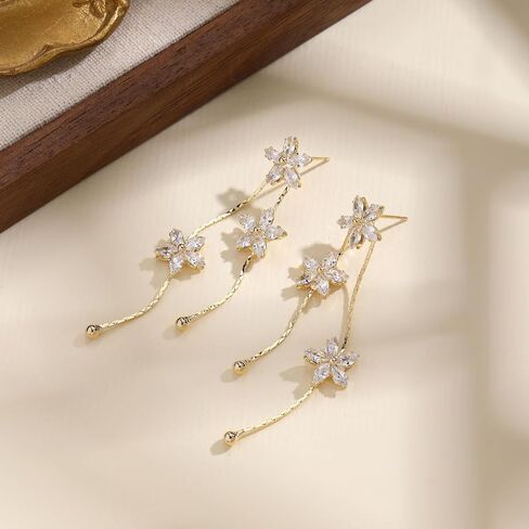 Flower Dangle Earrings for Women Trendy 14k Gold Plated Flower Drop EarringBridal Earrings for Wedding Cubic Zirconia Long Chain Earring Gold Jewelry Gifts For Her in Saudi Arabia