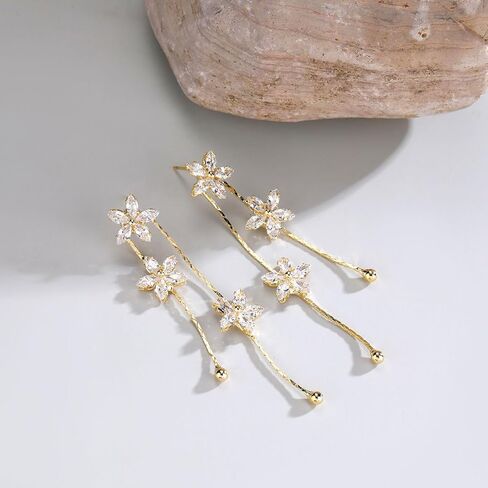 Flower Dangle Earrings for Women Trendy 14k Gold Plated Flower Drop EarringBridal Earrings for Wedding Cubic Zirconia Long Chain Earring Gold Jewelry Gifts For Her in Saudi Arabia