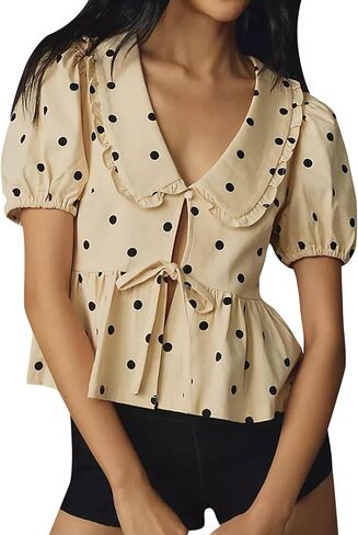 Womens Peter Pan Collar Blouse Babydoll Shirt 2025 Puff Short Sleeve Tie Front Peplum Blouse Going Out Tops in Saudi Arabia